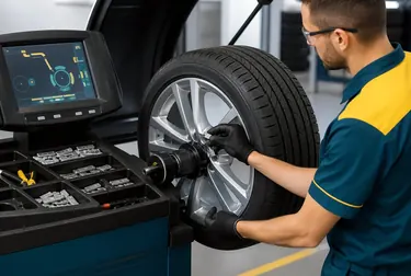 Máquina de balanceamento de rodas em operação.