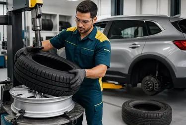 Técnico trocando um pneu em borracharia.
