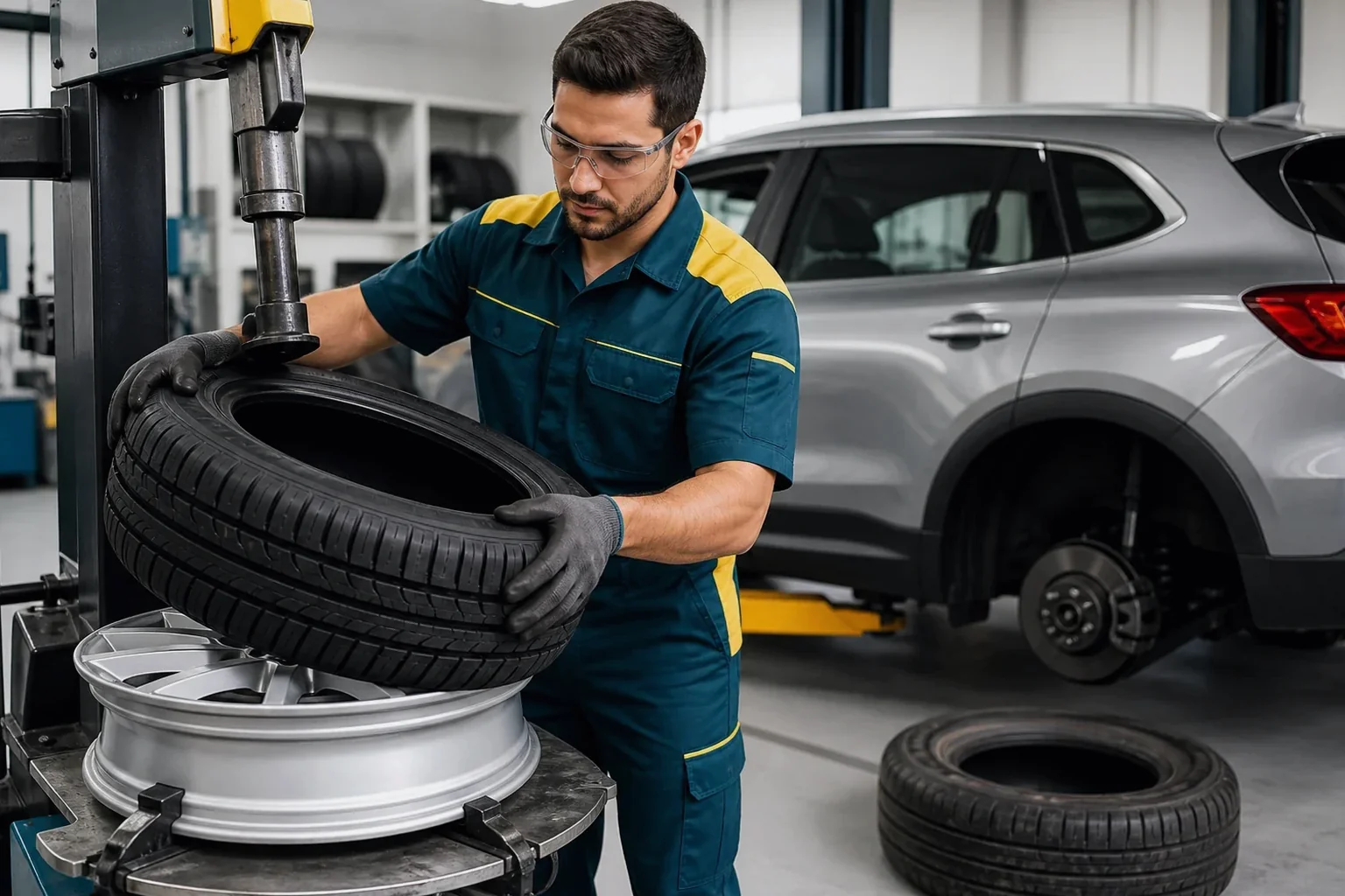 Técnico trocando um pneu em borracharia.